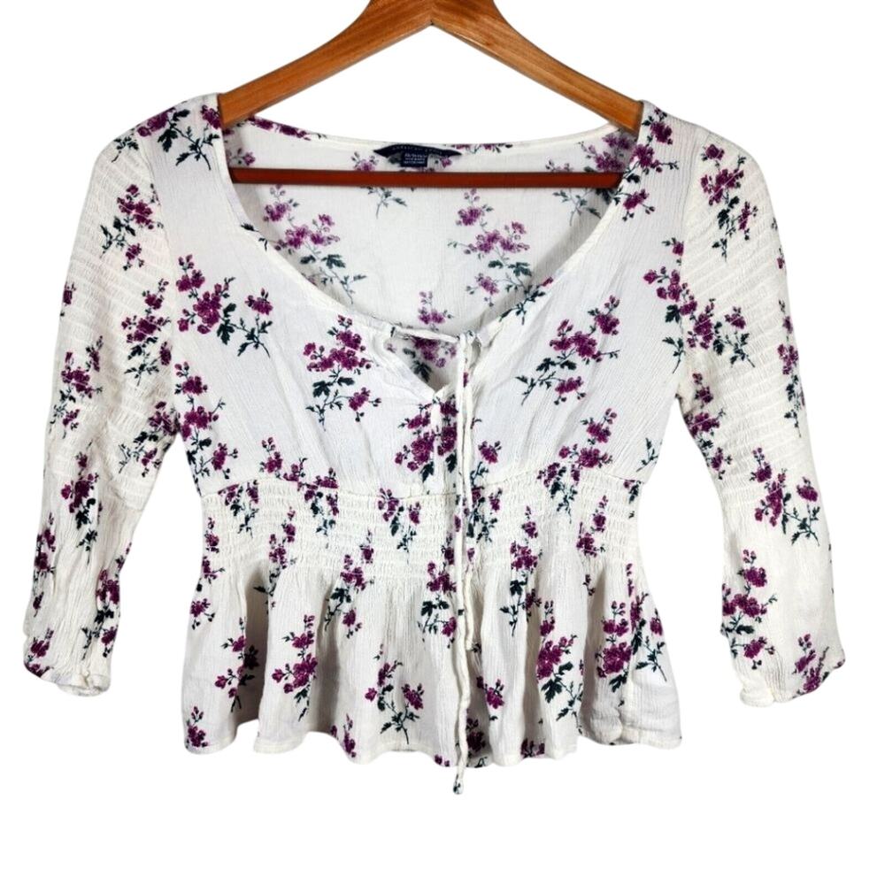 American Eagle White Floral Summer Cropped 3/4 Length Cinched Top Size XS